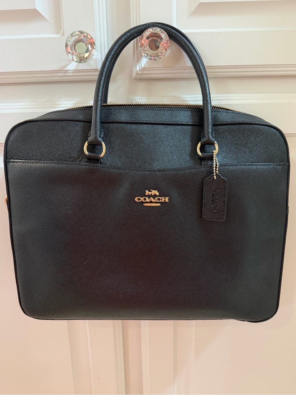 Coach Black Saffiano Leather Structured Briefcase with Gold Hardware